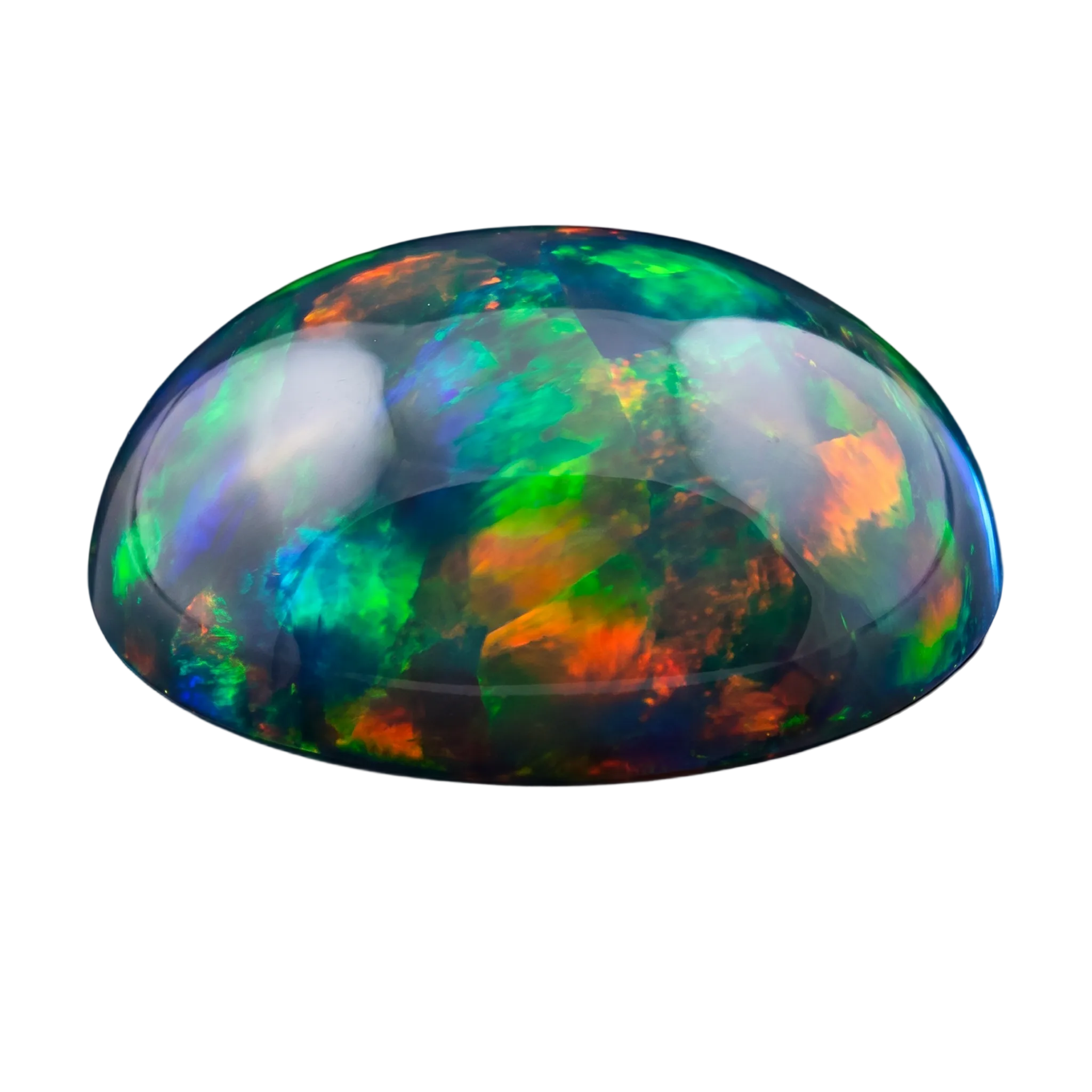 A black opal cabochon with green, blue and orange fire.