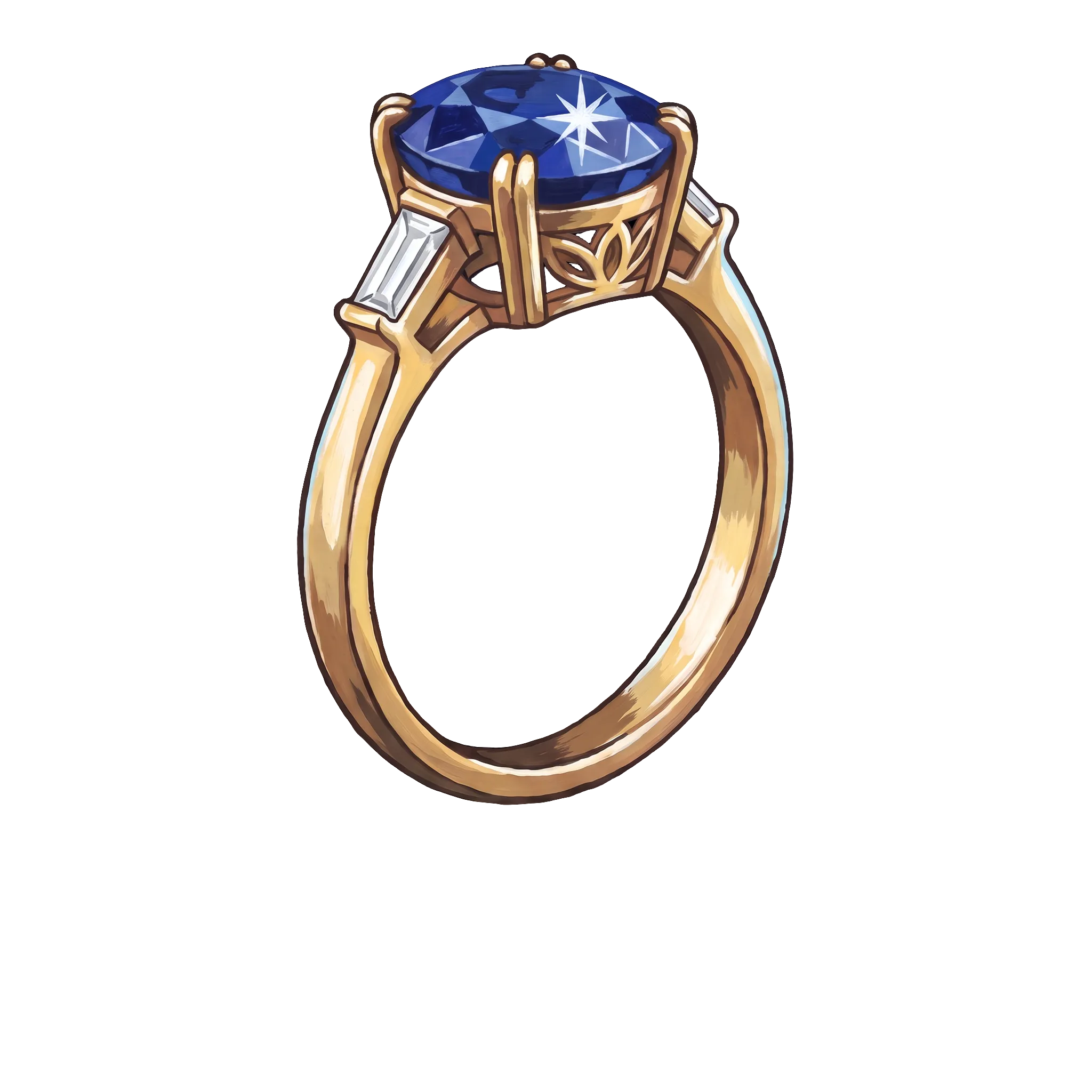 The sapphire ring as its gouache paint-up: the band in matte painted gold, the stone in painted blue.