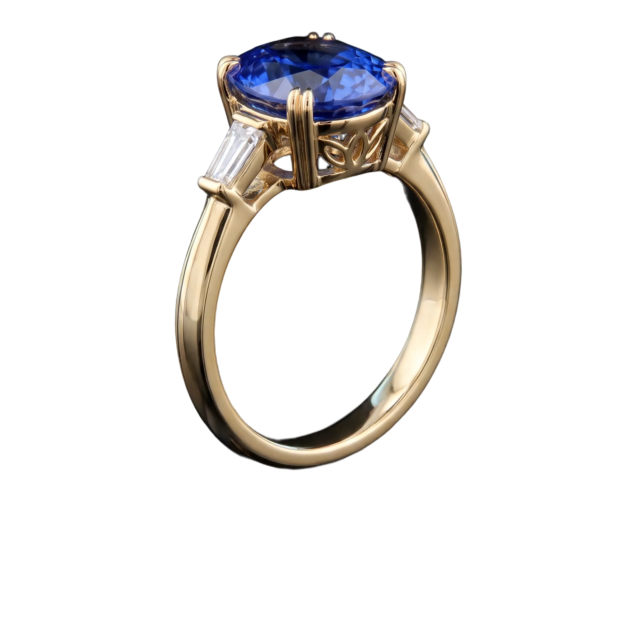 The finished ring: an oval sapphire in yellow gold with baguette diamonds.