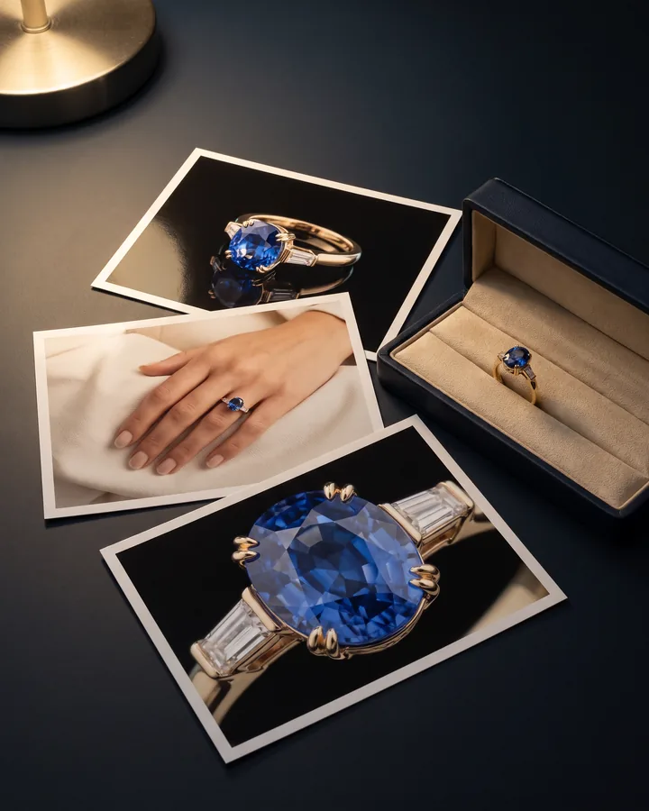 Editorial prints of a sapphire ring beside the ring itself in its sample case.