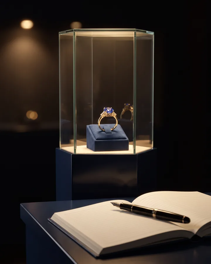 A sapphire ring in a lit display case on a trade-fair stand, an order book open in front.